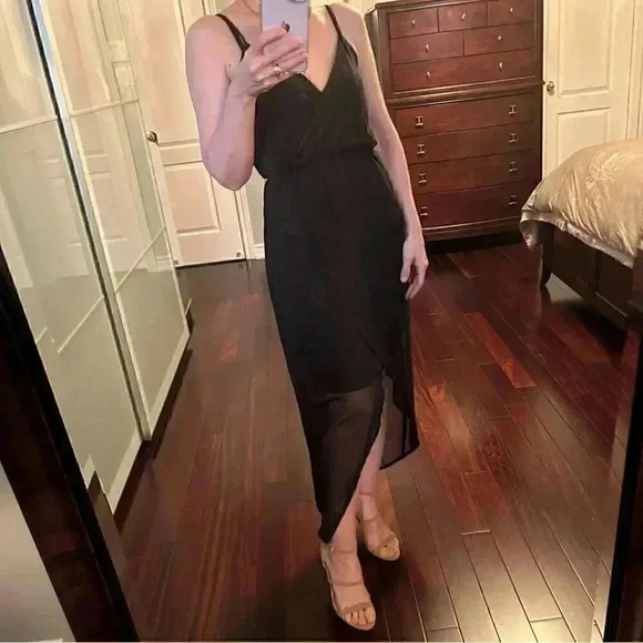 Smart Set Midi Maxi Dress Black Sheer Flowy High Low Wrap Front Asymmetric XS - Picture 15 of 16